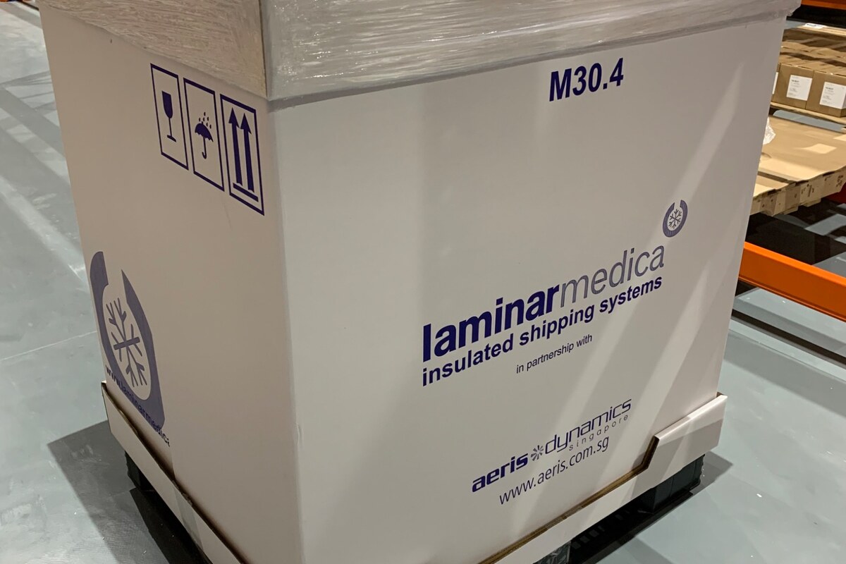 Insulated medical shipment packed on a pallet for transport