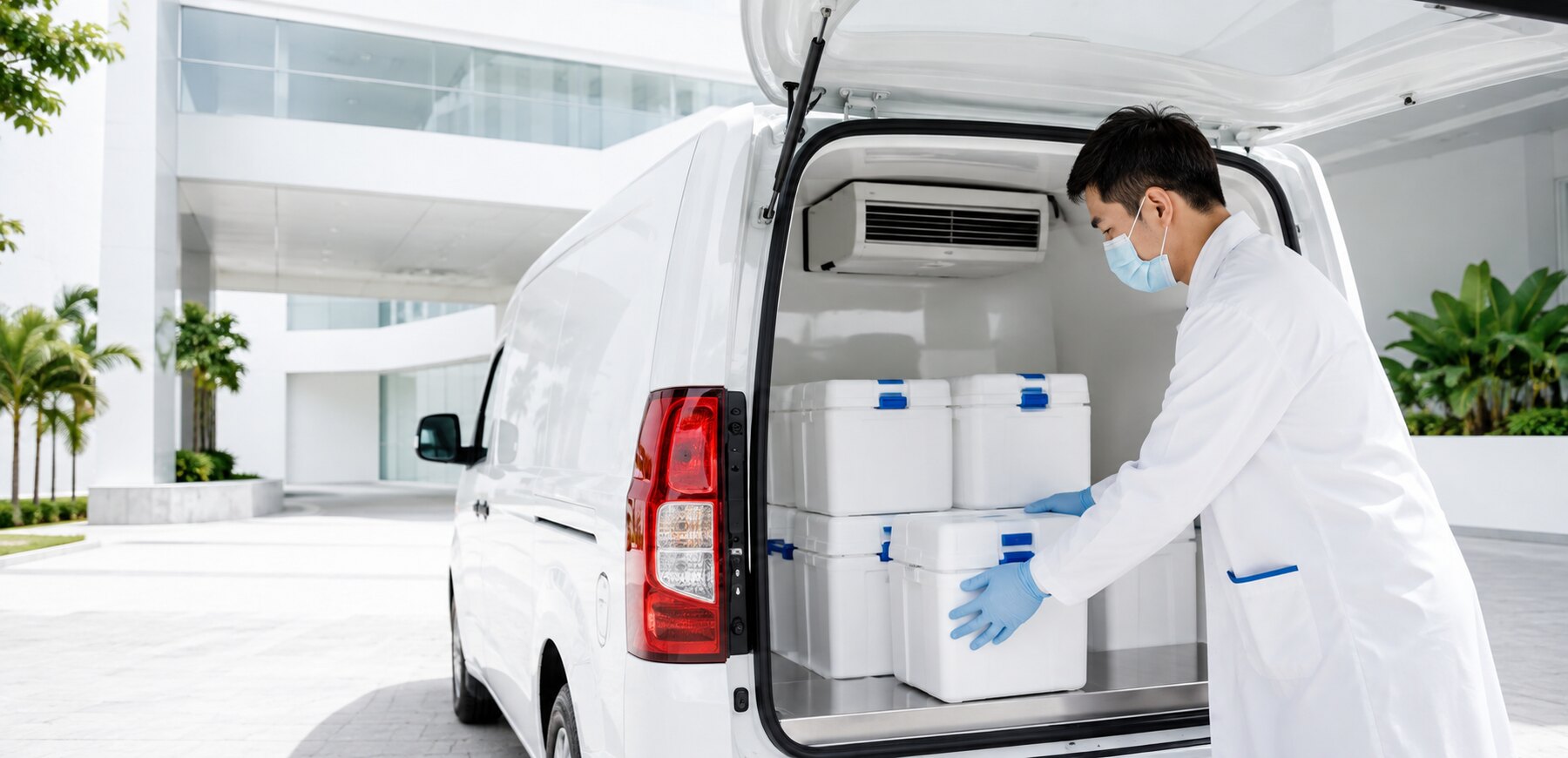 Healthcare courier securing sealed medical sample transport coolers inside a refrigerated van