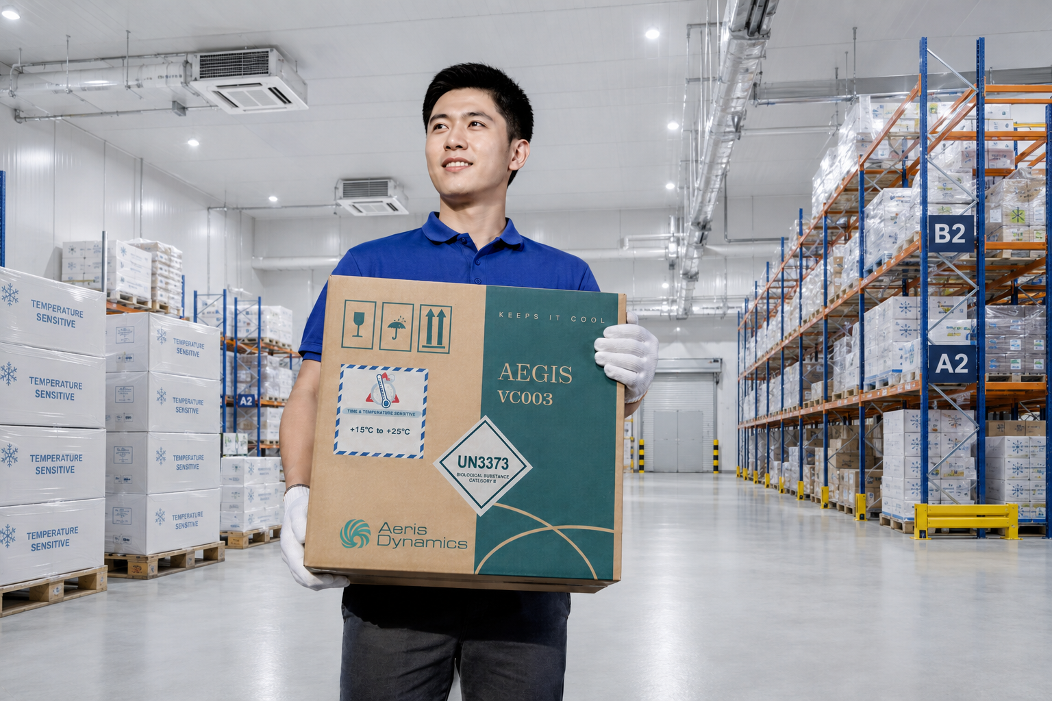 Healthcare courier carrying an Aeris Dynamics temperature-controlled package inside an air-conditioned warehouse
