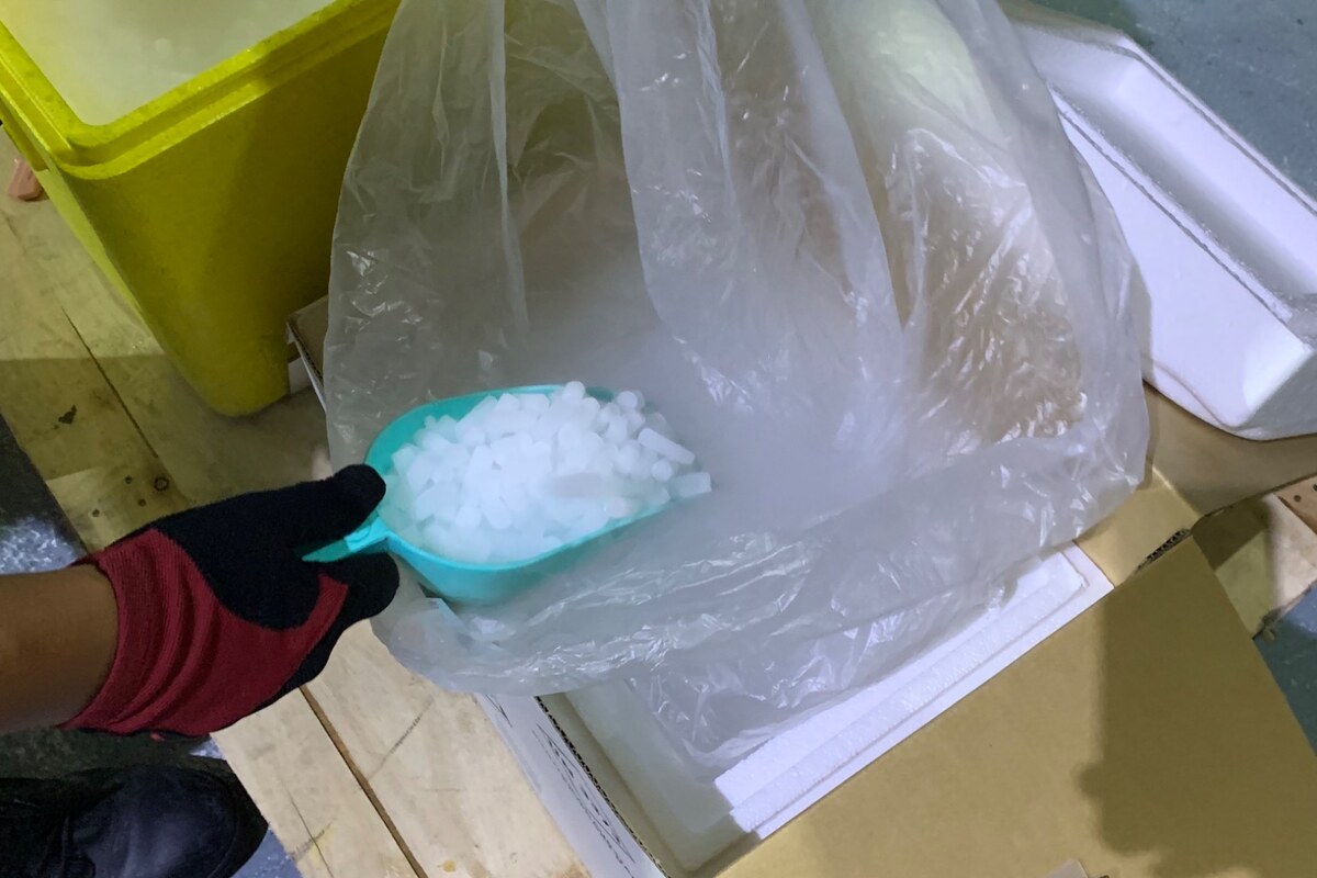 Dry ice being prepared for temperature-controlled medical sample packing