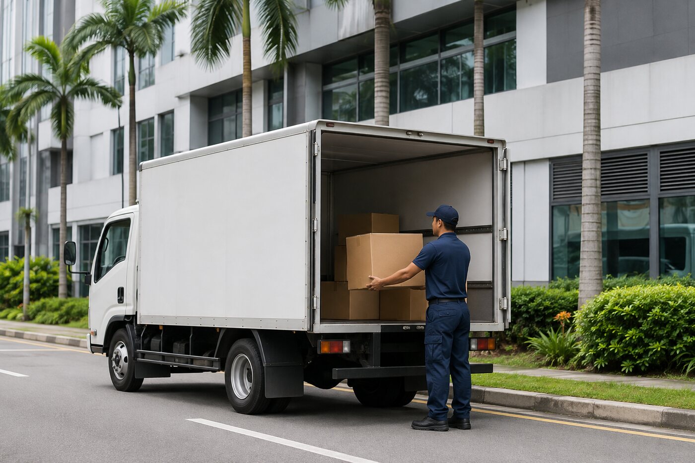 Local logistics worker unloading a box truck in Singapore