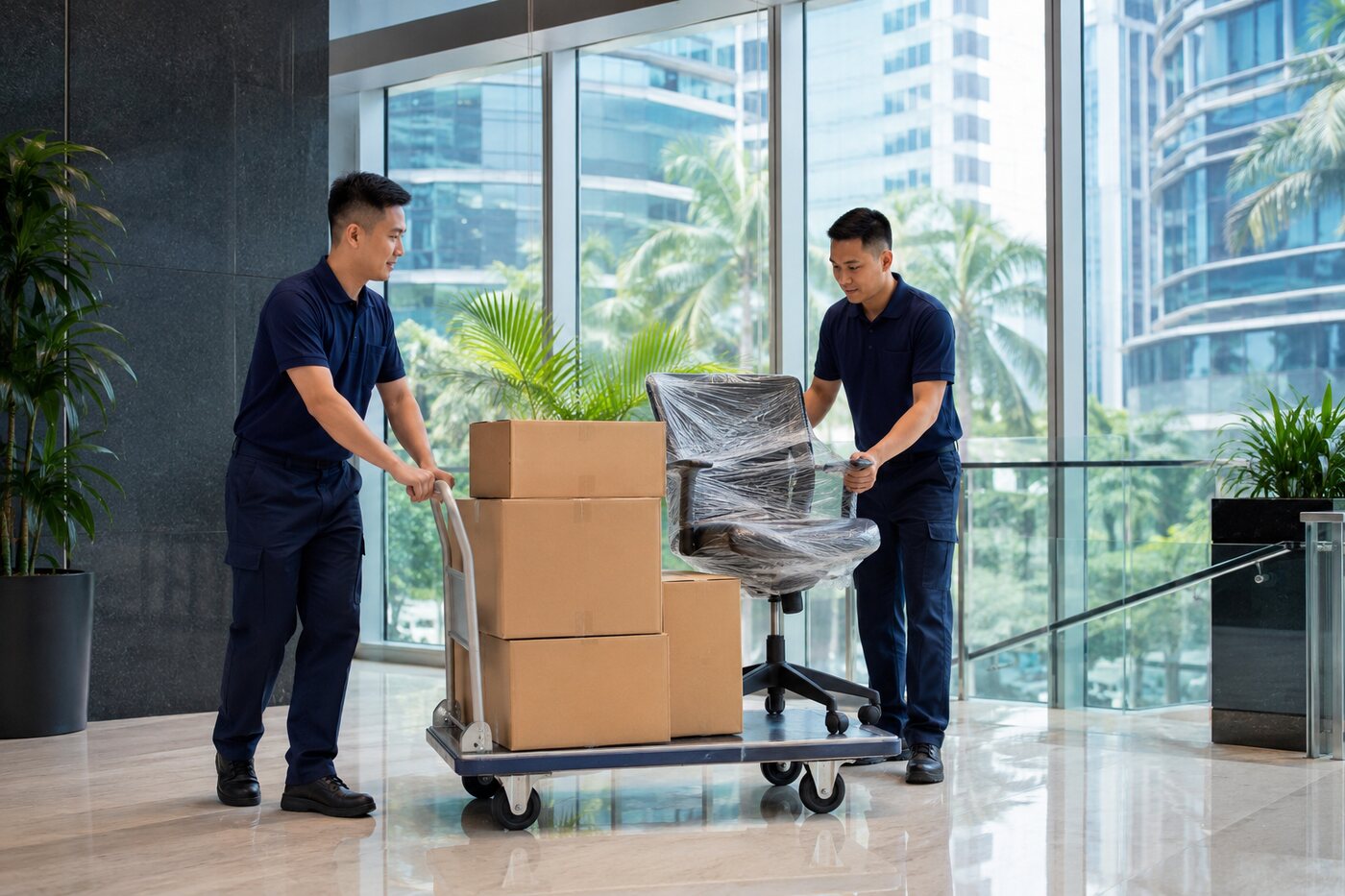 Professional movers relocating office equipment