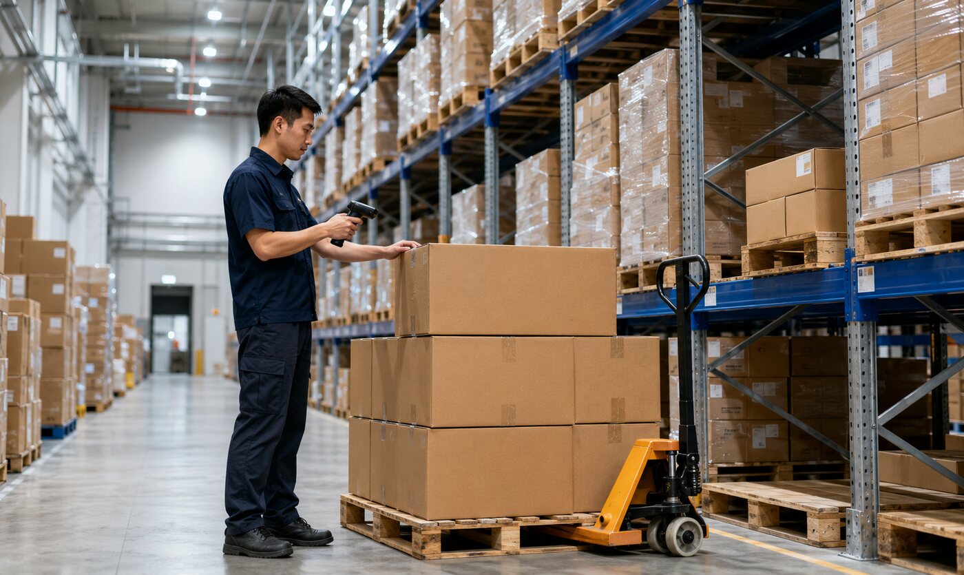 Warehouse operator scanning organised inventory